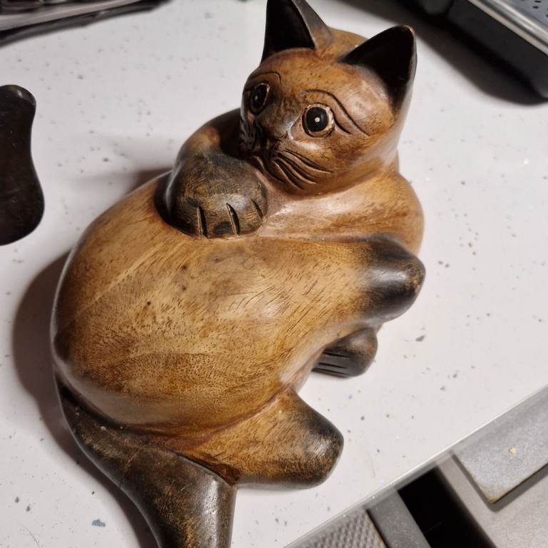 Hand-Carved Wooden Cat Figurines – Good Condition