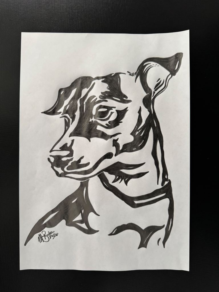 A4 Original Hand-Drawn Pencil Sketch Drawing of a Terrier Dog -Black and white Monochrome Effect