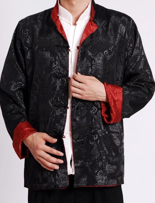 Men’s oriental Chinise satin long sleeve shirt with black & red floral patterns. XXL