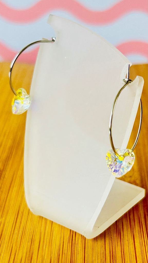 Beautiful Heart Shaped Crystal Silver Hoop Earrings 