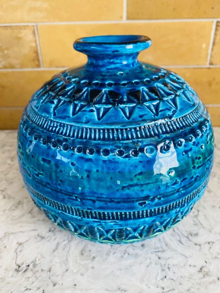 Bitossi Rimini Blue Ball Globe Round Vase Vintage Aldo Londi Italy Mid Century 
