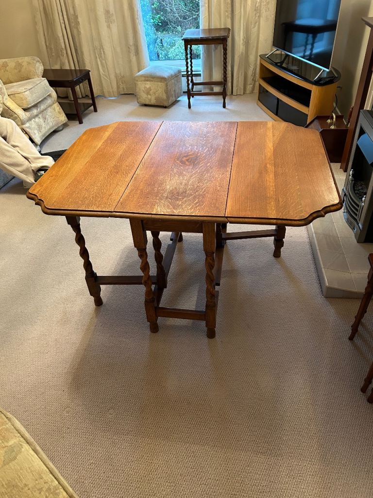 Solid Wood Drop Leaf Twisted Barley Dining Table – Good Condition