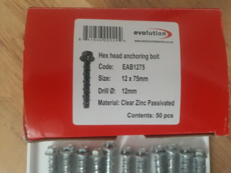 Brand New Box Of 50 Zinc Passivated 12 x 75mm Hex Head Anchoring Bolts