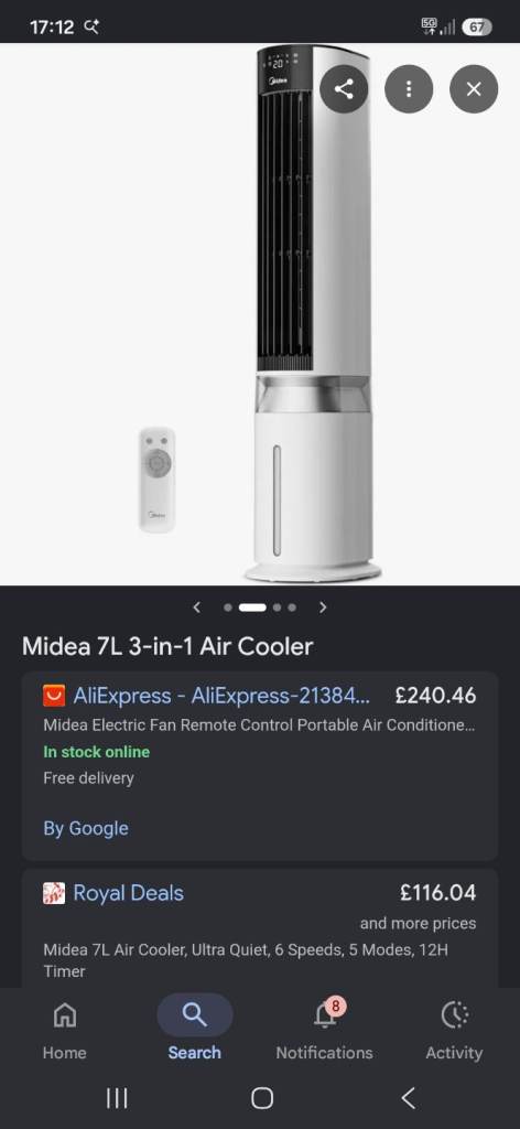Midea 7L Tower Fan Standing Air Cooler – White, New