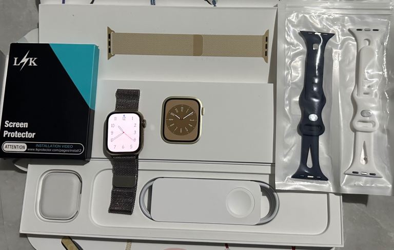 Gold Apple Watch Series 8 Milanese Loop 41mm with New Screen Protector and New Bands 