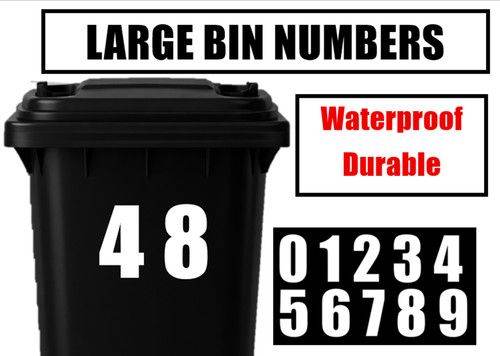 2X White Wheelie Bin House Numbers Stickers Wheely Dustbin Self Adhesive