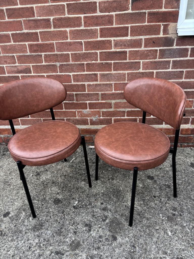 Pair of Dusk Brown Leather Dining Chairs with Black Metal Legs
