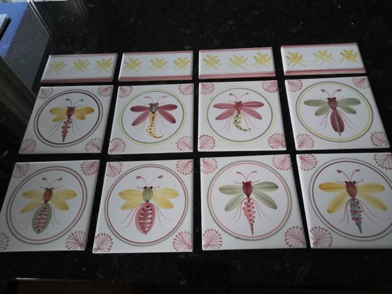 Hand painted 6inch x 6 inch wall tiles featuring dragonflies by Rye Tiles