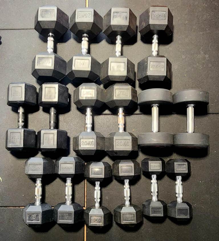 Hex rubber dumbbells set 7.5kg to 27.5kg 8 pairs 