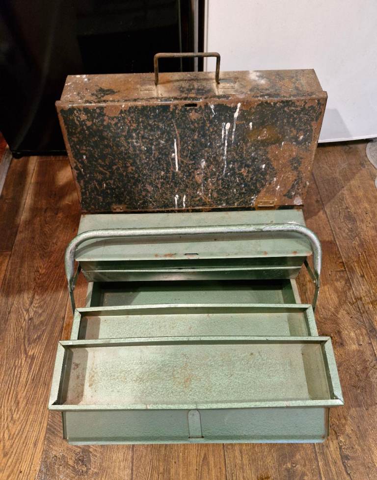 2x Vintage Metal Tool Stoage Boxes - 3 tier & fold down