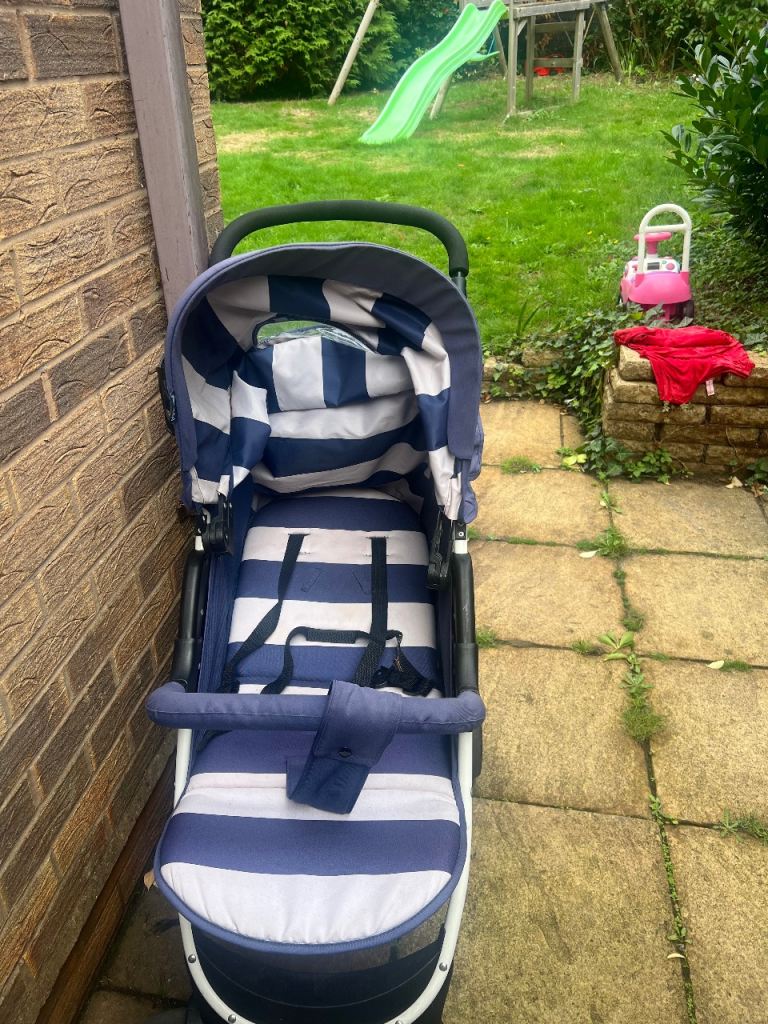 Blue and White Striped Pushchair - Good Condition