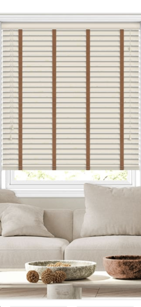 WHITE FAUX WOOD WITH TAN TAPE VENETION WOODEN BLIND 50mm SLAT