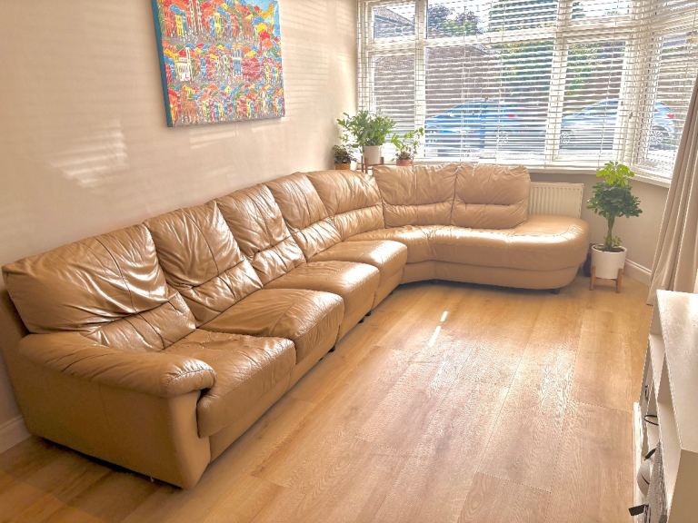 Large DFS Corner Leather Sofa - L Shape with Chaise - Taupe/Cream - Seats 5-6