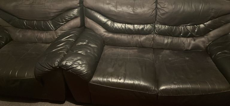 Large Black Leather Sofa – Fair Condition