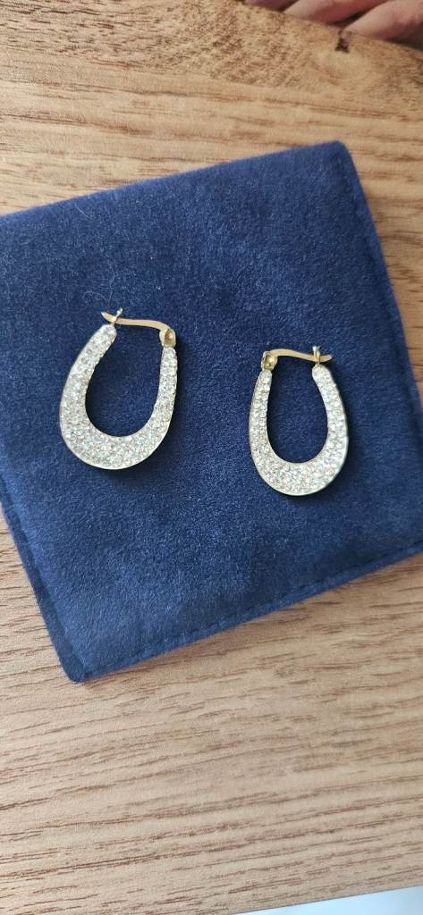 Real gold diamante horse shoe hoop earrings