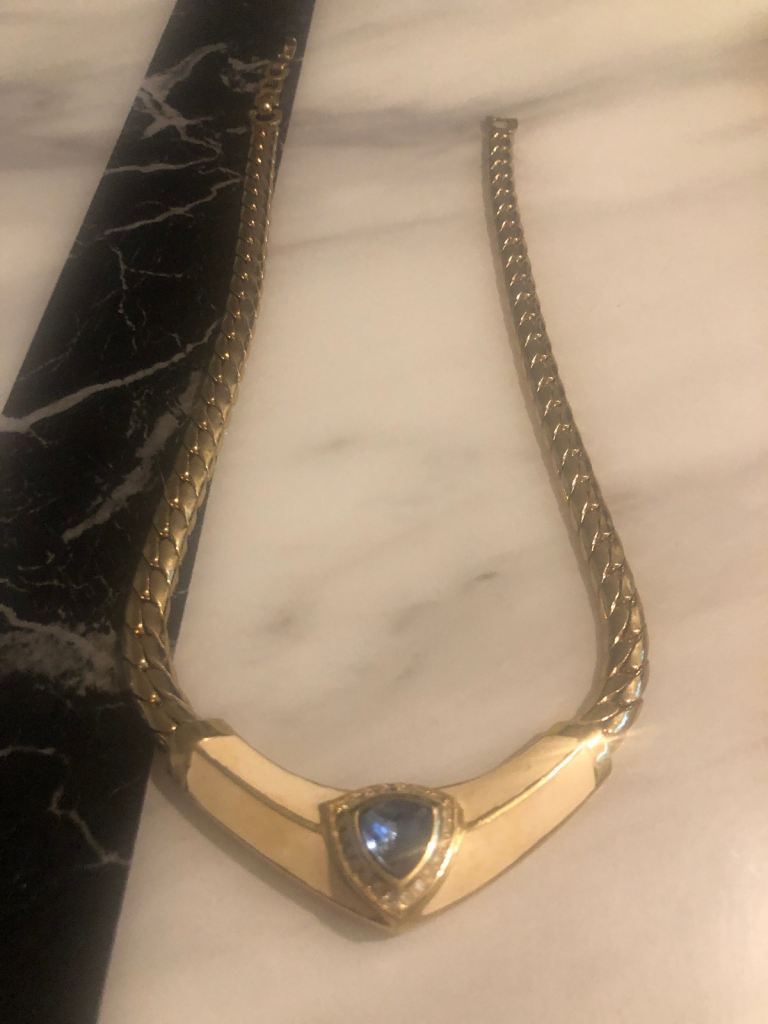 Gold Tone Necklace with Blue Stone Pendant
