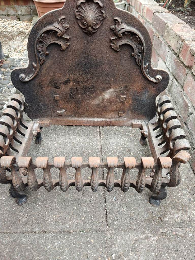 Ornate Cast Iron Fire Basket with Grate and Ash Pan