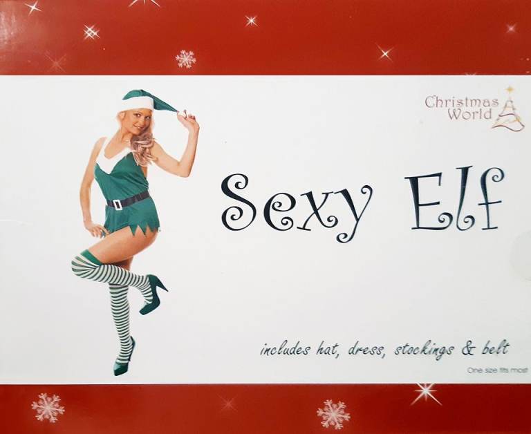 Christmas World Elf Costume - Hat, Dress, Stockings & Belt - Adult - One Size - New, Boxed
