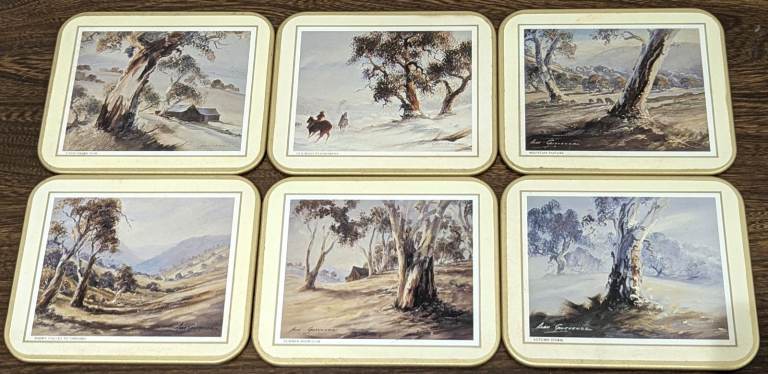6 COASTERS OF AUSTRALIAN LANDSCAPES BY ALAN GROSVENOR CORK BACK 12cm L x 9.5cm H