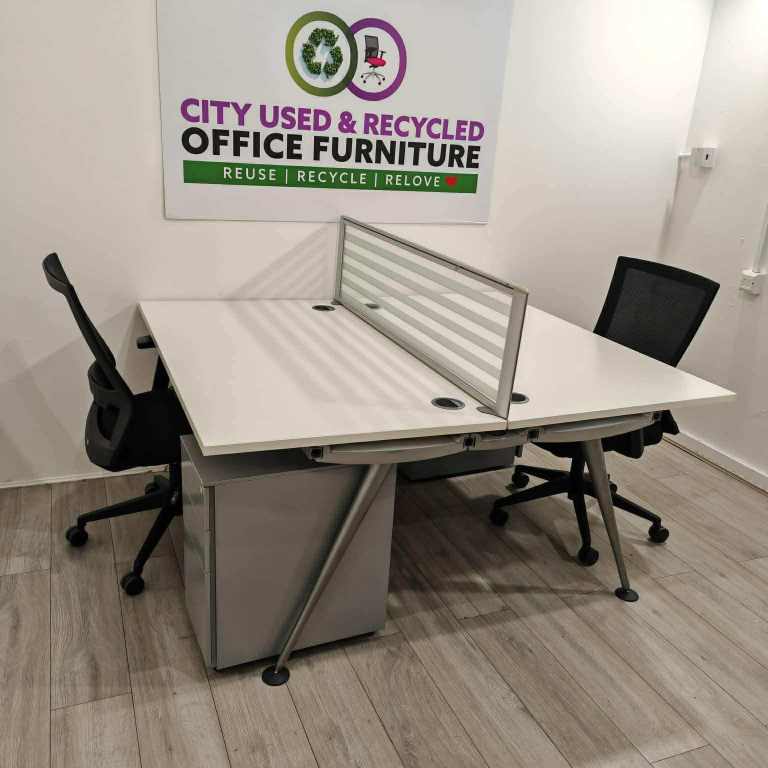 Herman Miller Abak Modular Bench Desking, White / Silver, Portholes, Desktop Screen, W1400mm 
