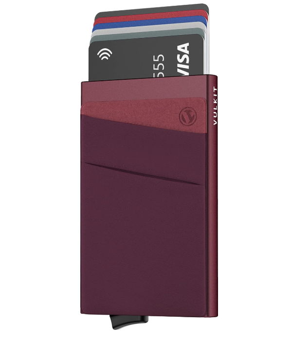 Card Holder with Money Pocket RFID Blocking Slim Metal Bank Card Case Holds 5 Cards and Notes (Wine)