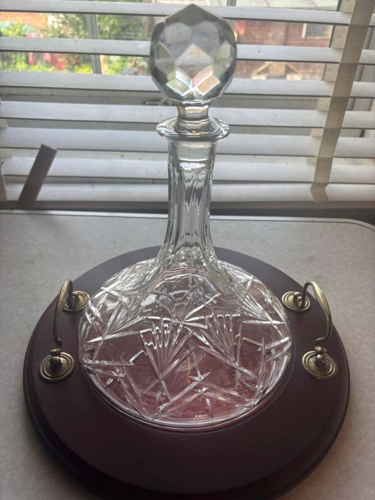 Crystal Decanter on Wooden Stand with Brass Handles
