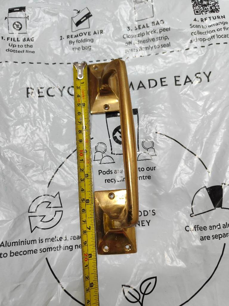 Door handle, polished brass, vintage reclamation pull or push.
