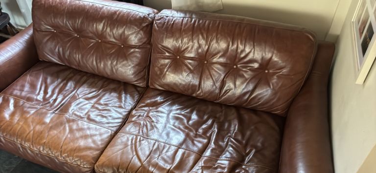 Brown Leather Three-Seater Sofa – Good Condition