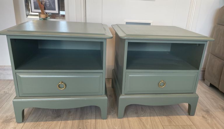 Pair of Sage Green Bedside Tables with Brass Ring Pulls