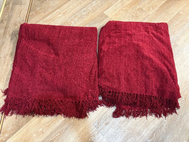 Pair of Red Chenille Fringed Fabric Throws  £5 each