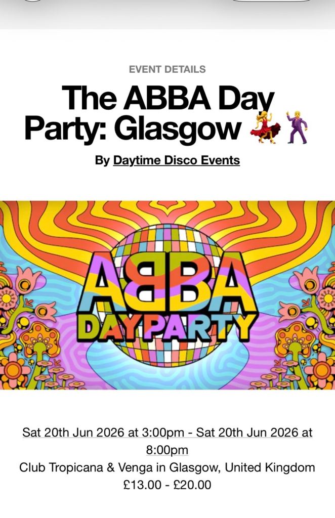 2 tickets for ABBA day party, club Tropicana, Glasgow, Saturday 20th June
