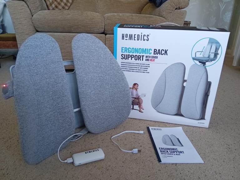 HoMedics Ergonomic Back Support With Heat, Cover and USB Charger. Boxed