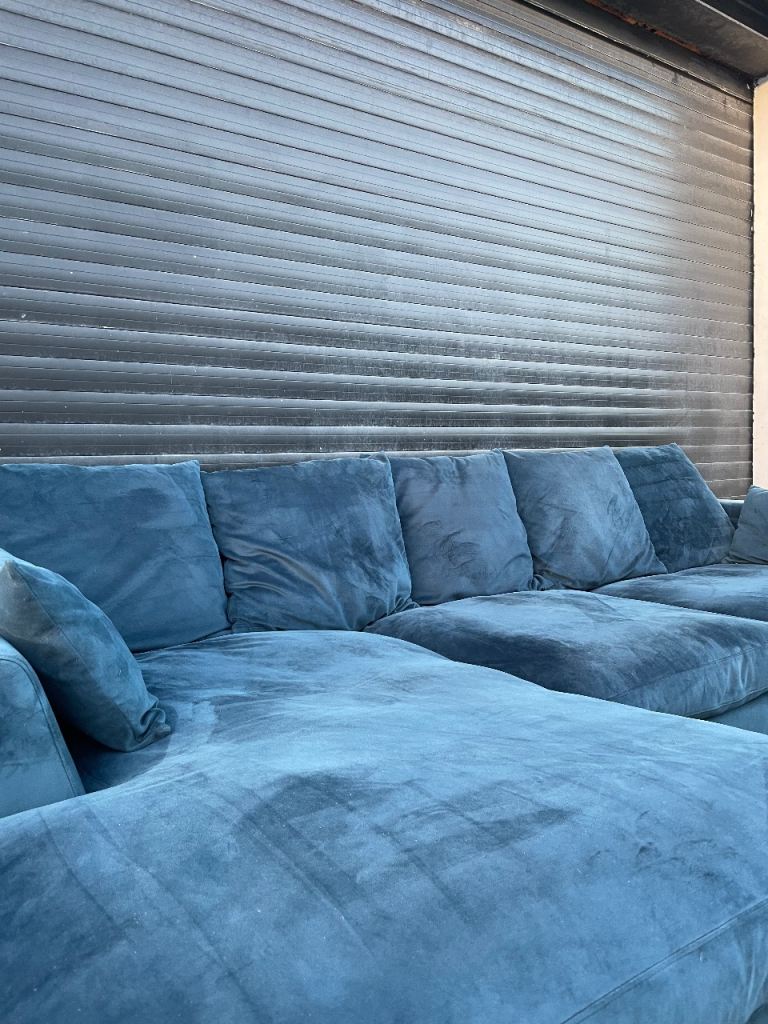 Large blue velvet DFS L shaped corner sofa - DELIVERY AVAILABLE!