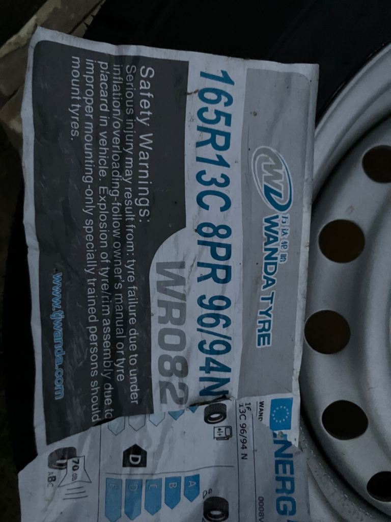 Trailer Wheel 13inc and tyre: new unused: 165/R13C 8PR 96/94N 