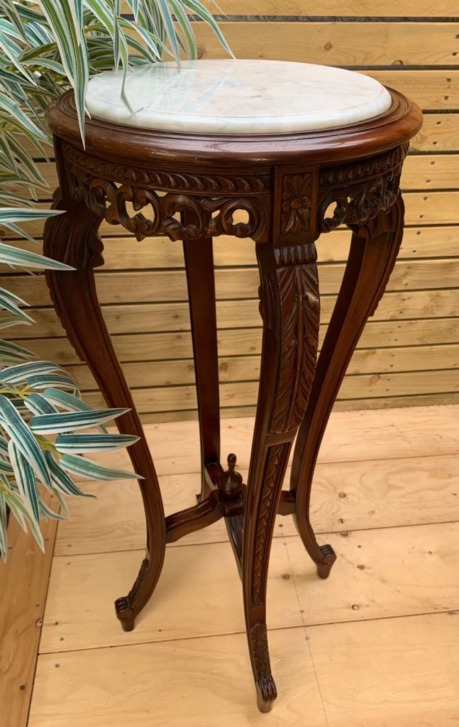 image for Antique Style Chinese Oriental Marble & Rosewood Carved Jardinere Pot Stand Table