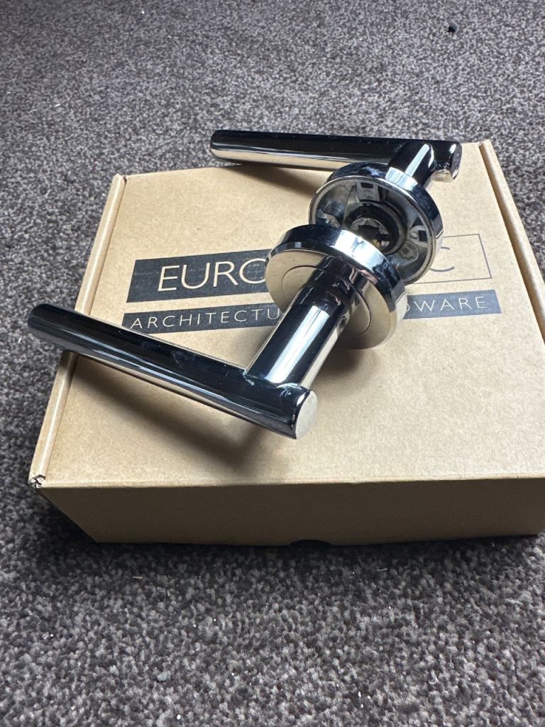 Euro Spec Chrome Lever Door Handles – 7 Brand New Sets (1 Bathroom Lock Set)