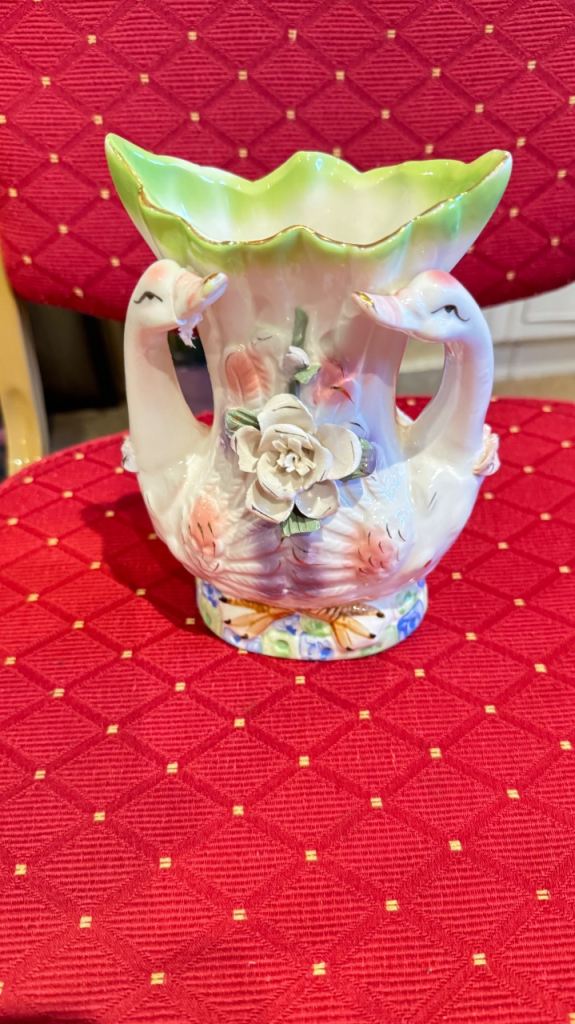 Vintage Ceramic white  Double Swan Vase / Planter 