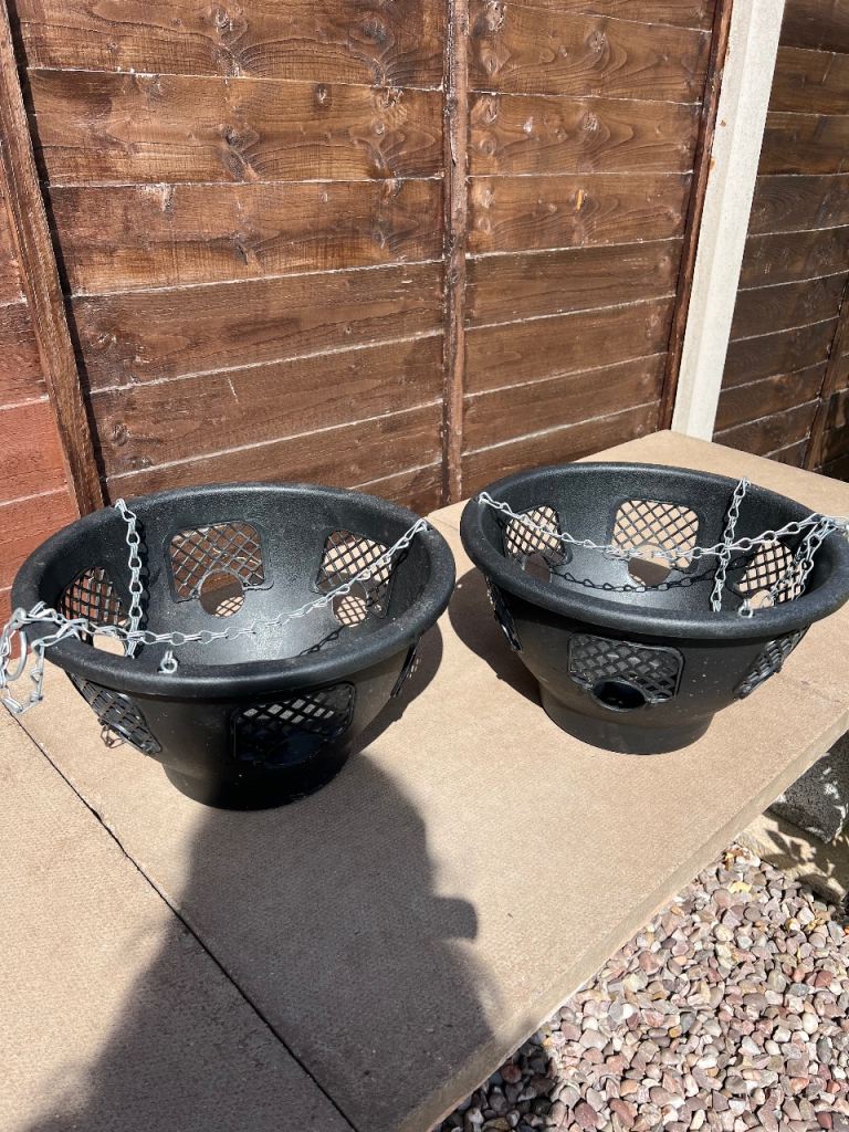 Pair of Large Black Plastic Hanging Baskets with Chains