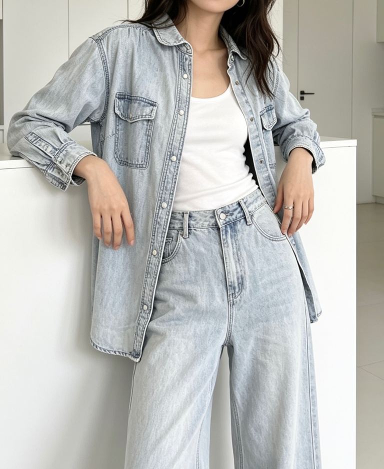 Next Lightwash Denim Shirt – Relaxed Fit Long‑Sleeve Popper Front
