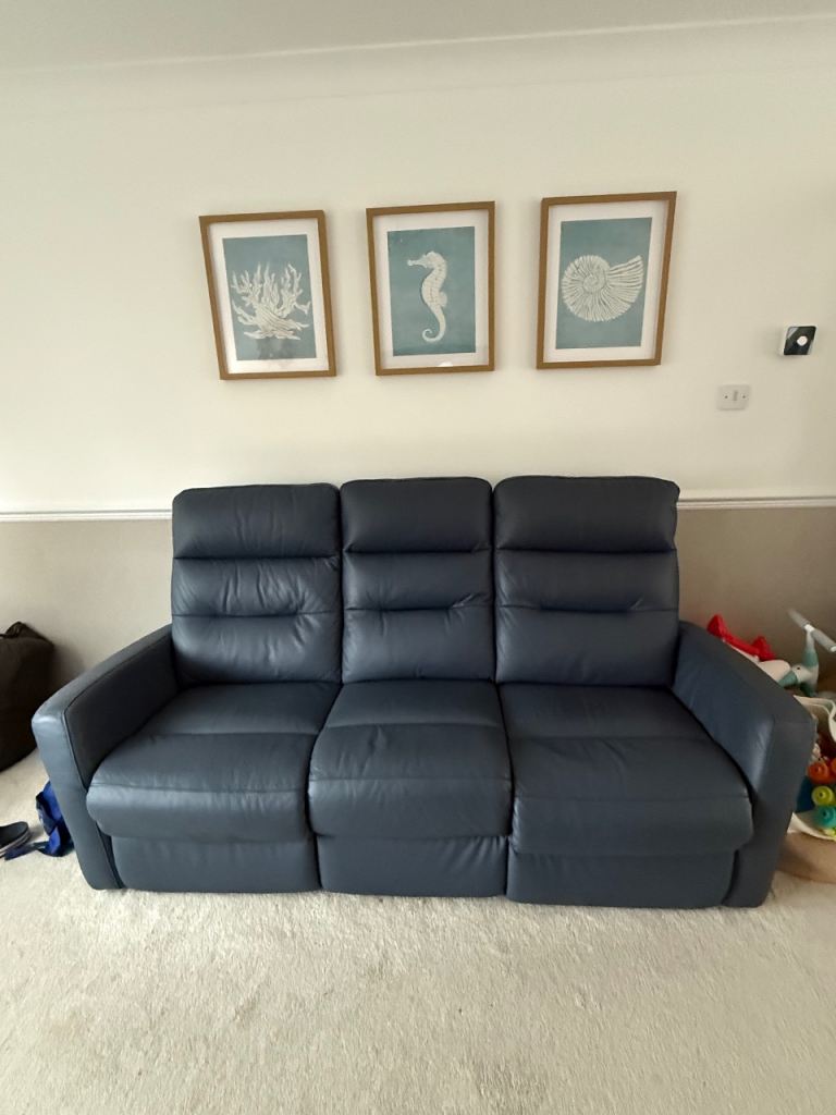 Blue Leather Recliner Sofa and Armchair Set – Good Condition