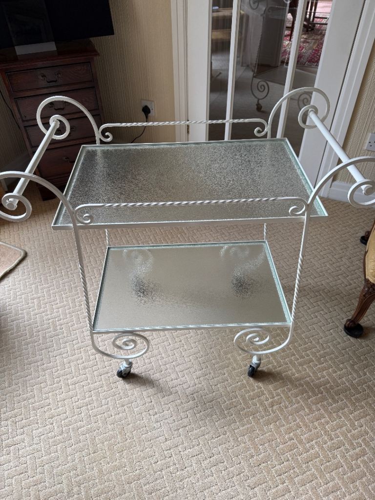 White Metal and Glass Serving Trolley – Good Condition