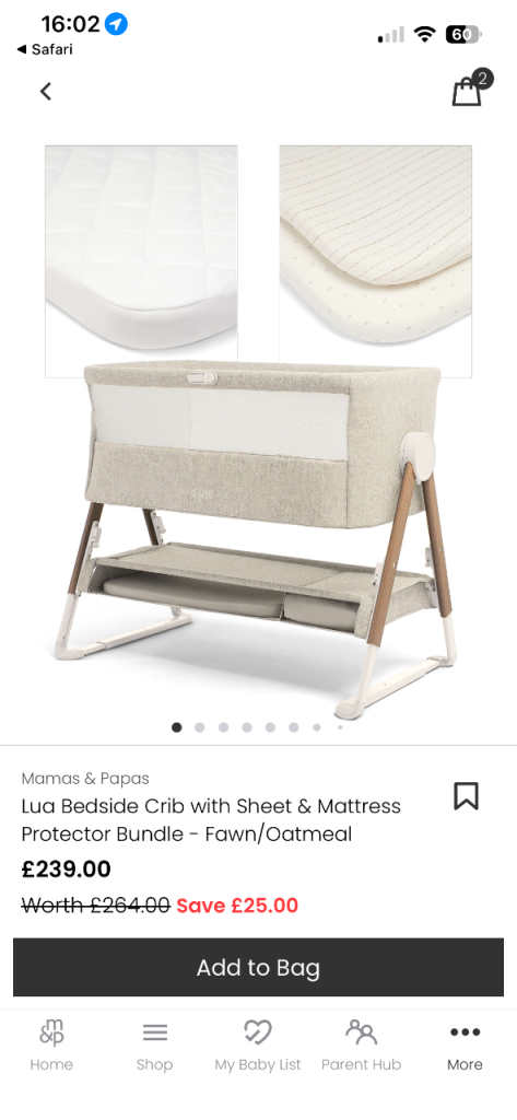 Mamas & Papas Lua Side Crib - Fawn 