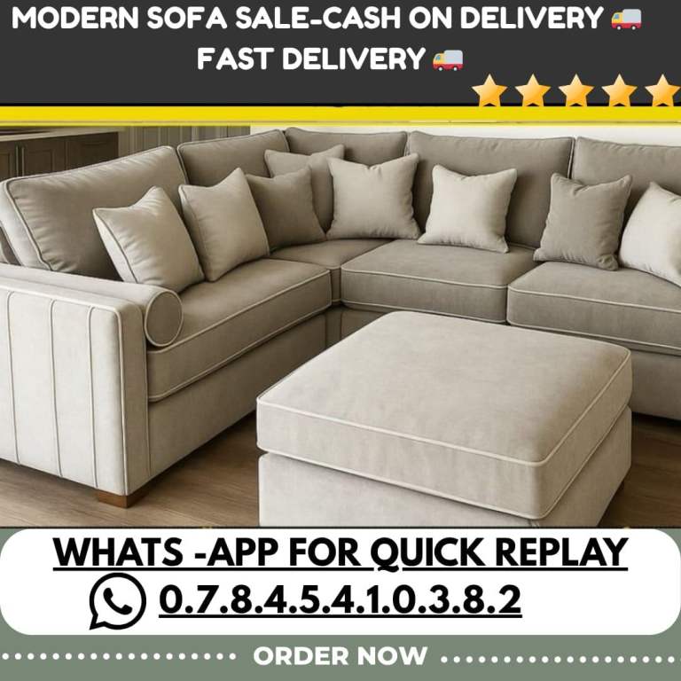 Modern Corner Sofa with Ottoman – Beige Fabric
