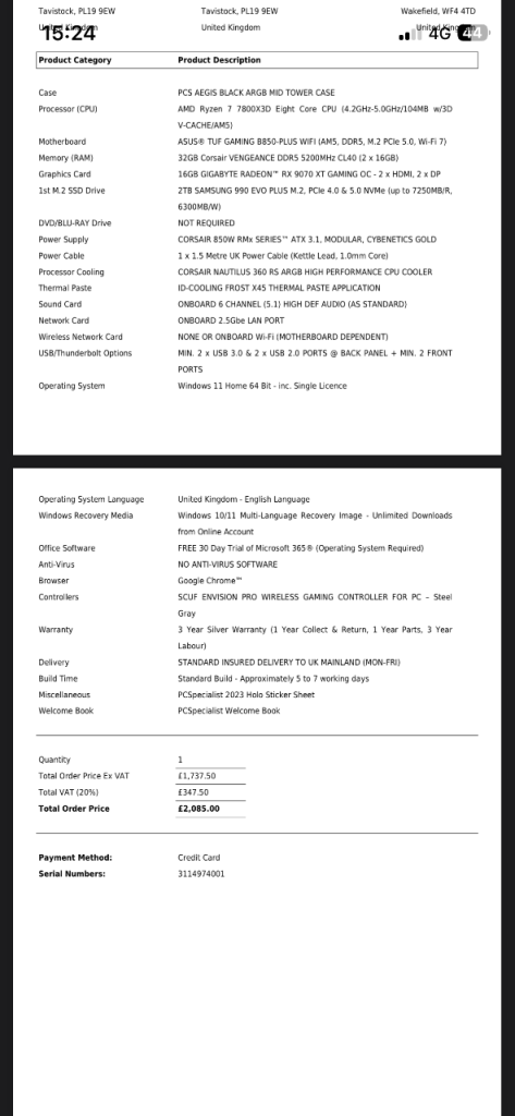 PCSpecialist Gaming PC – Ryzen 7 7800X3D / RX 9070 XT 16GB. Hardly Used