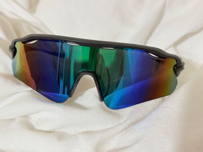 Black Frame Sports Sunglasses with Rainbow Mirrored Tint Lens