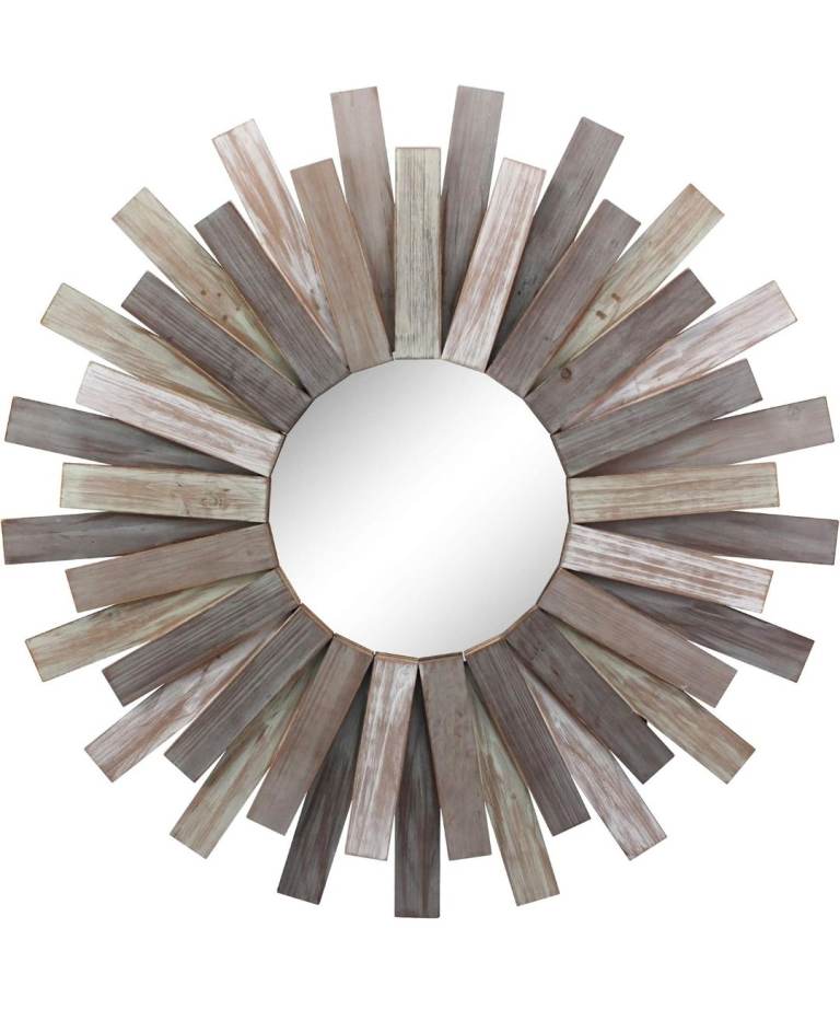 Large Vintage 31.3" Round Hanging Wall Mirror with Wooden Sunburst Frame