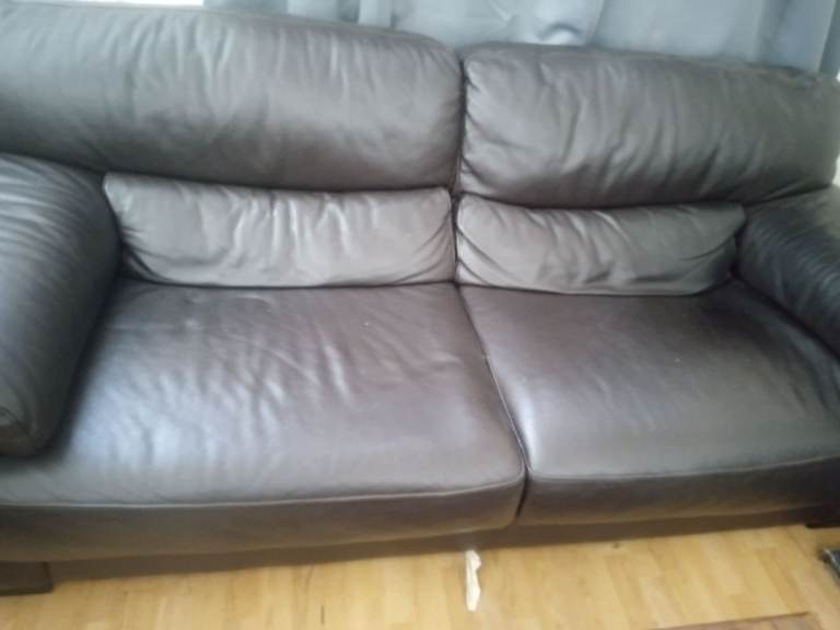 Leather sofa with chair and pouffe 