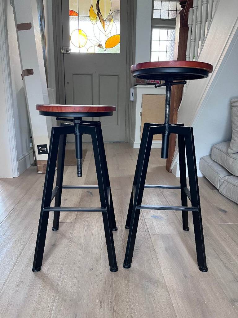 Double the Style, Half the Price: Pair of Adjustable Industrial Stools. Black Metal Legs + Wood Seat