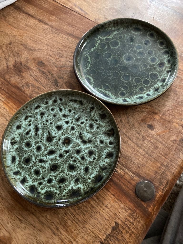 Two Green Glazed Ceramic Side Plates – Good Condition