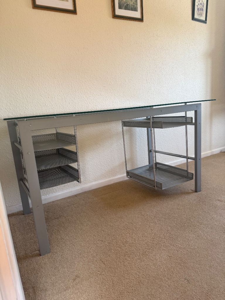 IKEA Glass top metal desk with mesh drawers